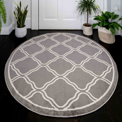 Grey Bordered Geometric Trellis Round Circlular Rug 120cm Diameter