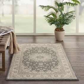 Grey Bordered Traditional Wool Rug for Living Room, Bedroom - 76 X 244 (Runner)