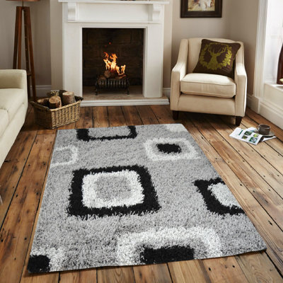 Grey Boxed Thick Shaggy Rug - California - 60x110cm (2'x3'7