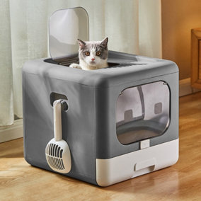 Grey Cat Litter Box Kitten Litter Tray Pet Toilet with Lid ,Scoop and Flap Door