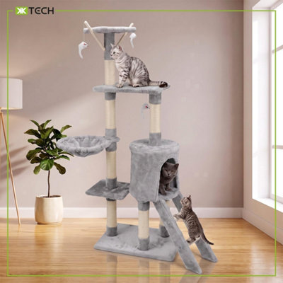 Grey Cat Tree Tower with Condos, Scratching Posts, Platforms and Ladder ...