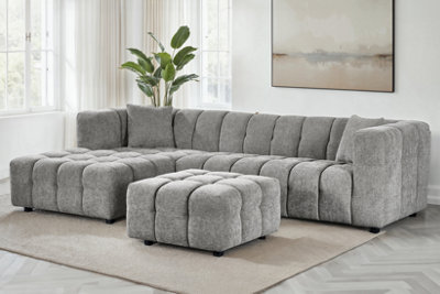 Grey Chenille Fabric Left Hand Facing Corner Sofa with Ottoman LUGANO