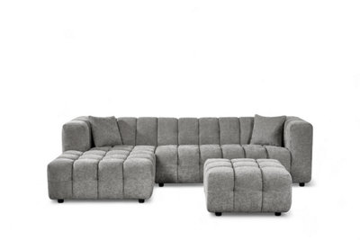 Grey Chenille Fabric Left Hand Facing Corner Sofa with Ottoman LUGANO