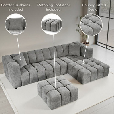 Grey Chenille Fabric Left Hand Facing Corner Sofa with Ottoman LUGANO