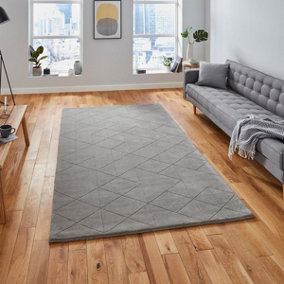 Grey Chequered , Geometric Luxurious , Modern , Plain , Wool Easy to Clean Rug for Bedroom, Living Room - 120cm X 170cm