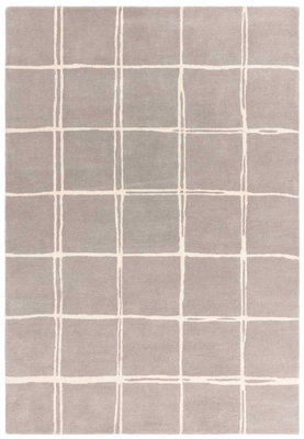 Grey Chequered Wool Modern Shaggy Handmade Rug For Living Room Bedroom & Dining Room-120cm X 170cm