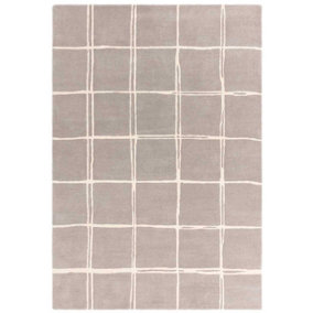 Grey Chequered Wool Modern Shaggy Handmade Rug For Living Room Bedroom & Dining Room-120cm X 170cm