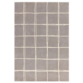 Grey Chequered Wool Modern Shaggy Handmade Rug For Living Room Bedroom & Dining Room-160cm X 230cm