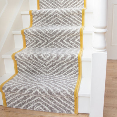 Grey Chevron Ochre Bordered Cut To Measure Stair Carpet Runner 60cm Wide (2ft W x 6ft L)