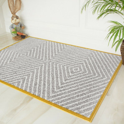 Grey Chevron Yellow Bordered Living Room Rug 60x110cm