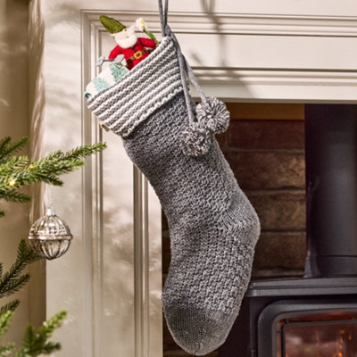 Grey Chunky Knit Pom Pom Xmas Gift Decoration Christmas Stocking