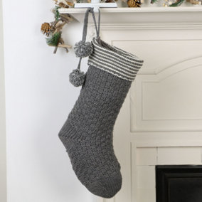 Grey Chunky Knit Pom Pom Xmas Gift Decoration Christmas Stocking