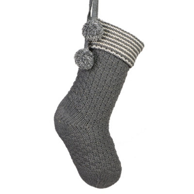 Grey Chunky Knit Pom Pom Xmas Gift Decoration Christmas Stocking