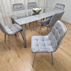 Grey Clear Glass Dining Table With 6 Grey Tufted Velvet Chairs Dining Set