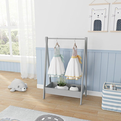 Grey Clothes Rail Kids Wooden Hanging Dress Up Rack Display Stand Extra ...