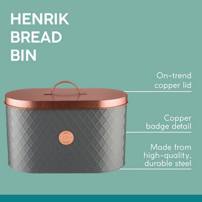 Grey Coated Typhoon Henrik Steel 7.5 L Bread Bin Storage With Air tight Copper Lid.