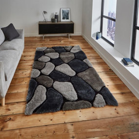 Grey/Cobalt Modern Shaggy Easy to Clean Handmade Bedroom Dining Room And Living Room Rug -120cm X 170cm