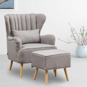 Grey Contemporary Wing Back Armchair and Ottoman Set with Cushion and Footstool