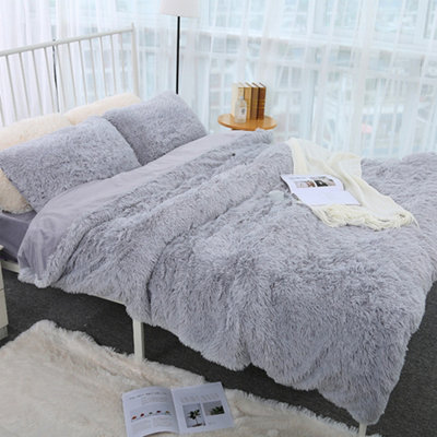 Grey Coral Fleece Warm Plush Soft Fluffy Shaggy Bedding Sheet