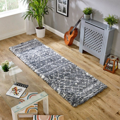 Grey Cream Geometric Luxurious Modern Shaggy Easy to clean Rug for Dining Room-80 X 240cm (Runner)