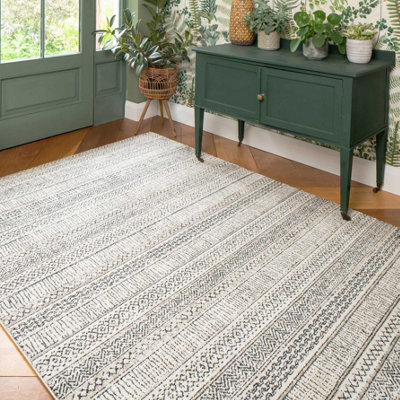 Grey Cream Moroccan Berber Aztec Tribal Living Area Rug 60x110cm