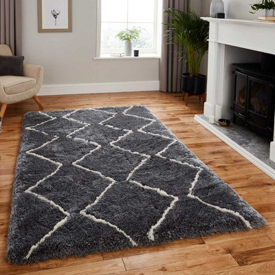 Grey/Cream Shaggy Handmade Luxurious Modern Geometric Rug for Living Room and Bedroom-120cm X 170cm