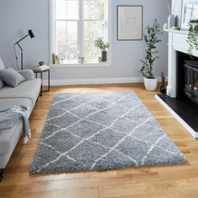 Grey Cream Shaggy Modern Geometric Moroccan Rug for Living Room Bedroom and Dining Room-120cm X 170cm