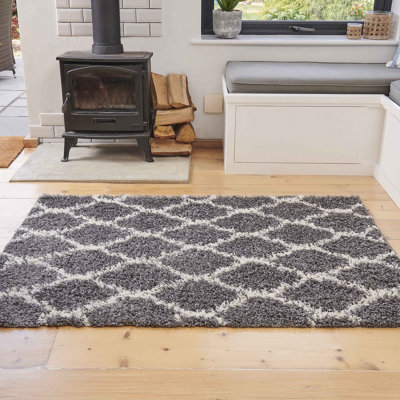 Grey Cream Trellis Scandi Shaggy Living Area Rug 110x160cm