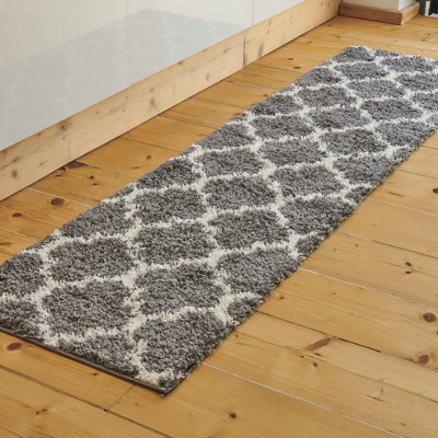 Grey Cream Trellis Scandi Shaggy Living Area Runner Rug 60x230cm | DIY ...