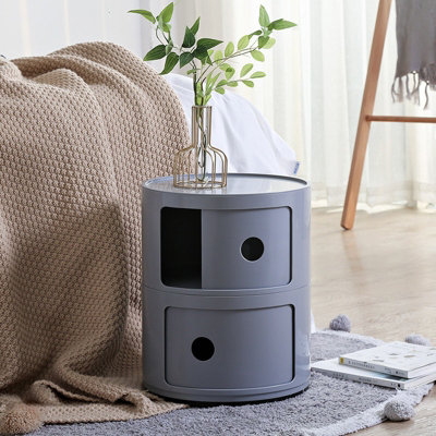 Grey Cylindrical Multi Tiered Plastic Bedside Storage Drawers Unit Drawer Bedside Chest 40cm H