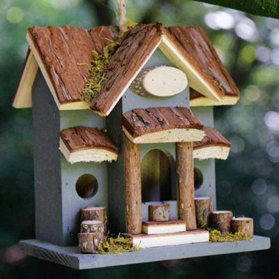 Grey Decorative Hanging Bird House Garden Lodge Birdbox Wood Bird