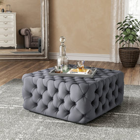 Grey Deep Buttoned Square Velvet Footstool Coffee Table 82cm W x 82cm D x 40cm H