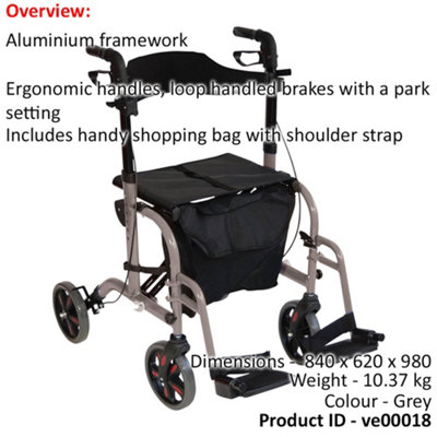 Grey Deluxe Aluminium Rollator and Transit Chair 2-in-1 Dual Function Walker