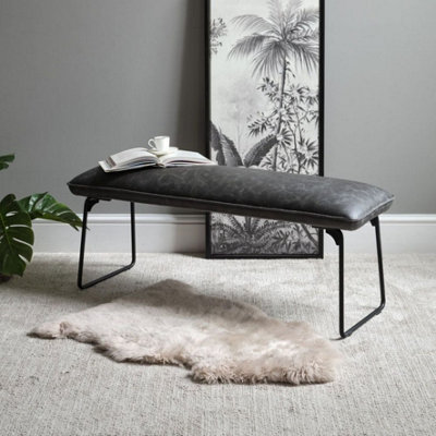 Grey Dining Bench PU leather retro style black metal legs Hardy Faux Leather Low Dining Bench  Grey