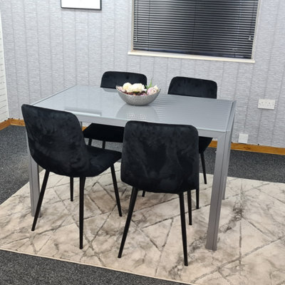 Grey Dining Table and 4 Black Velvet Chairs Kitchen Dining Set of 4 ...
