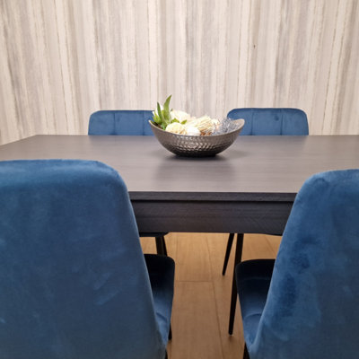 Grey Dining Table and 4 Blue Velvet Chairs Kitchen Dining Table for 4 Dining Room Dining Set