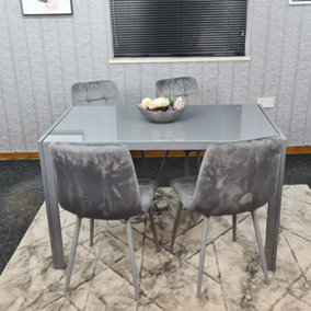 Grey Dining Table and 4 Grey Velvet Chairs Kitchen Dining Set of 4 Glass Table