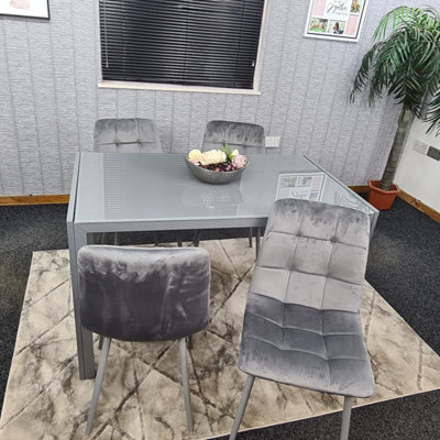 Grey Dining Table and 4 Grey Velvet Chairs Kitchen Dining Set of 4 Glass Table