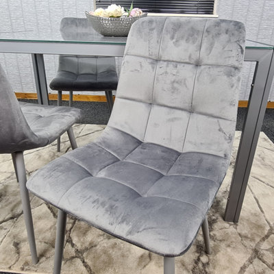 Grey Dining Table and 4 Grey Velvet Chairs Kitchen Dining Set of 4 Glass Table