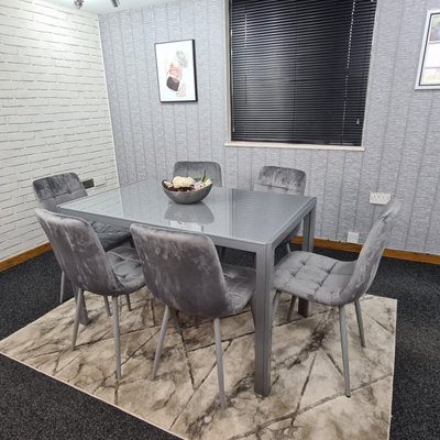 Grey Dining Table and 6 Grey Velvet Chairs Kitchen Dining Set of 6 Glass Table