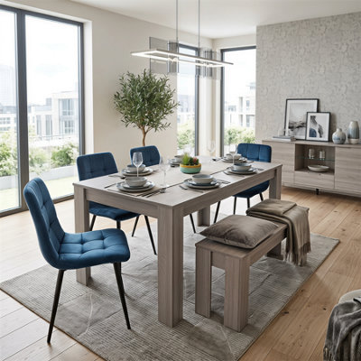 Grey Dining Table Set With 4 Blue Velvet Tufted Chairs with 1 Bench