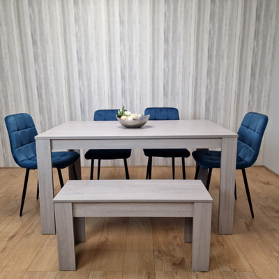 Grey Dining Table Set With 4 Blue Velvet Tufted Chairs with 1 Bench | DIY at B&Q