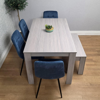 Grey Dining Table Set With 4 Blue Velvet Tufted Chairs with 1 Bench