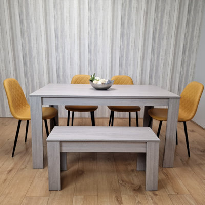 Grey Dining Table Set With 4 Diamond Stitched Mustard Chairs And 1 Bench~5060711587530 01c MP?$MOB PREV$&$width=768&$height=768