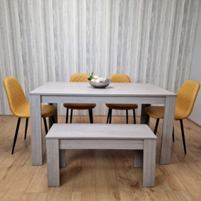 Grey Dining Table Set with 4 Diamond Stitched Mustard Chairs and 1 Bench