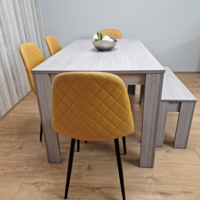 Grey Dining Table Set with 4 Diamond Stitched Mustard Chairs and 1 Bench