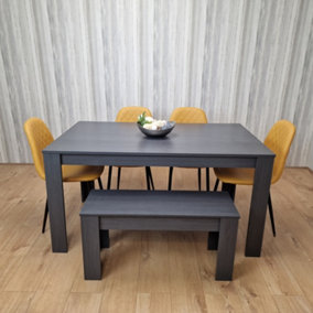 Grey Dining Table with 4 Diamond Stitched Mustard Chairs and 1 Bench