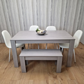 Grey Dining Table with 4 Diamond Stitched White Chairs and 1 Bench