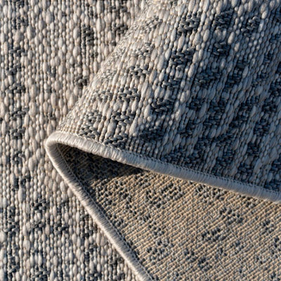 Grey Distressed Diamond Textured Woven Flatweave Hardwearing Indoor Outdoor Area Rug 80x150cm