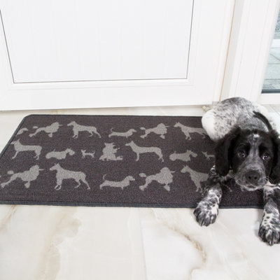 Grey Dog Print Non Slip Washable Kitchen Utility Mat 66x110cm